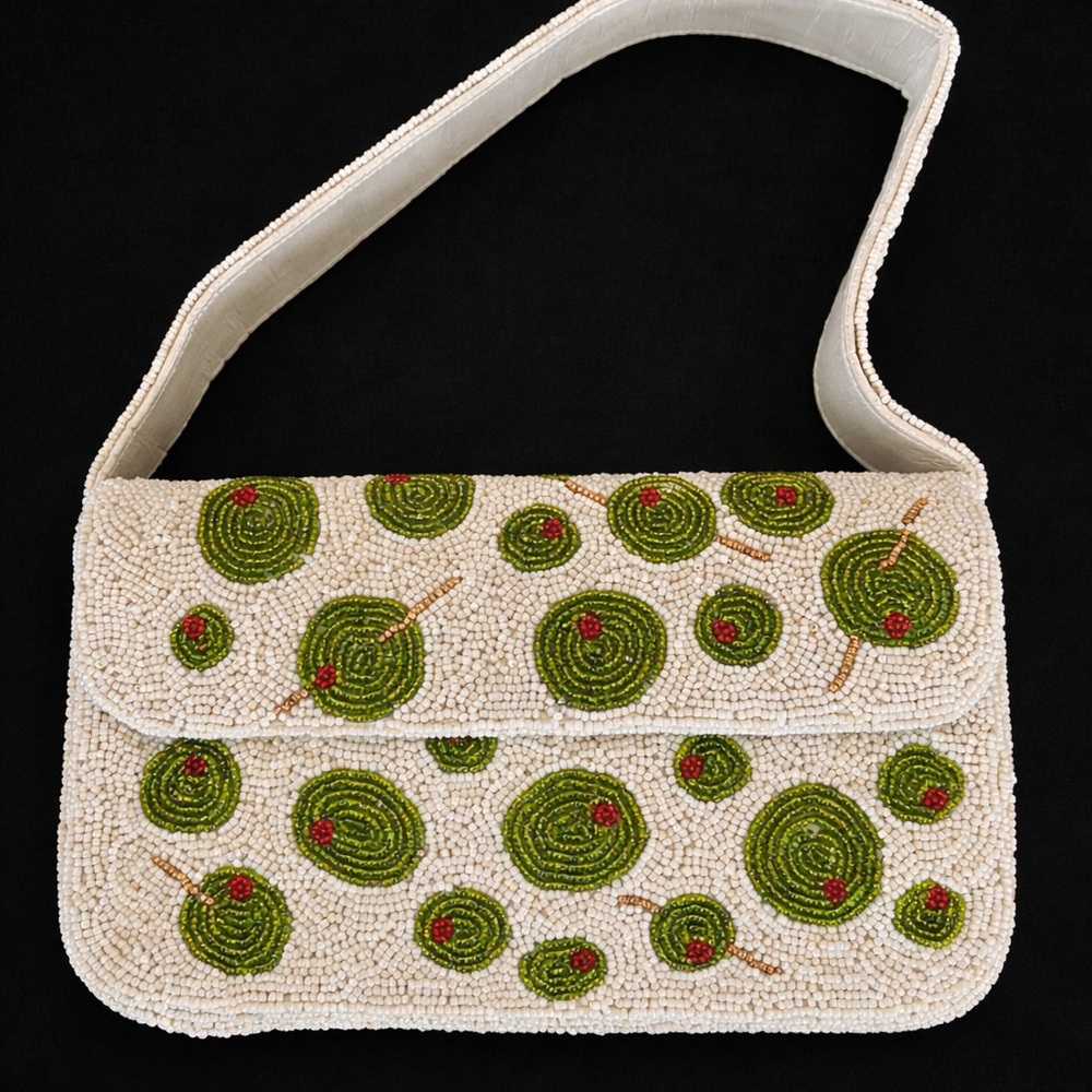 Elegant Cream and Green Beaded Women's Bag